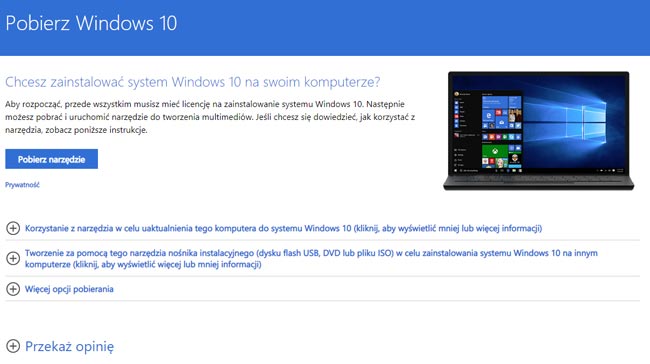 Microsoft narzędzie do pobierania obrazu systemu Windows 10
