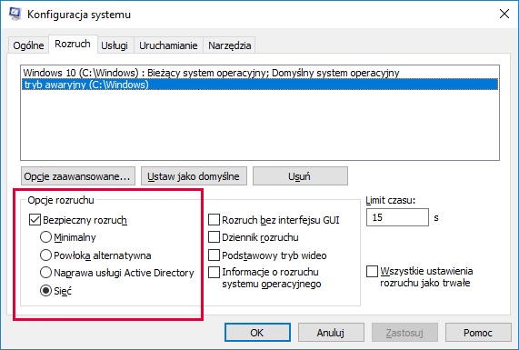 Windows 10 tryb awaryjny zakładka rozruch