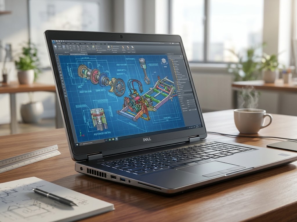 Poleasingowa mobilna stacja robocza Dell Precision na biurku z włączonym programem CAD