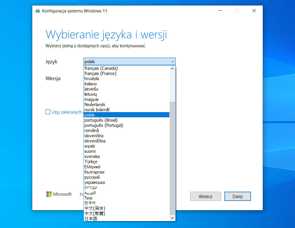 Wybór języka w Windows 11